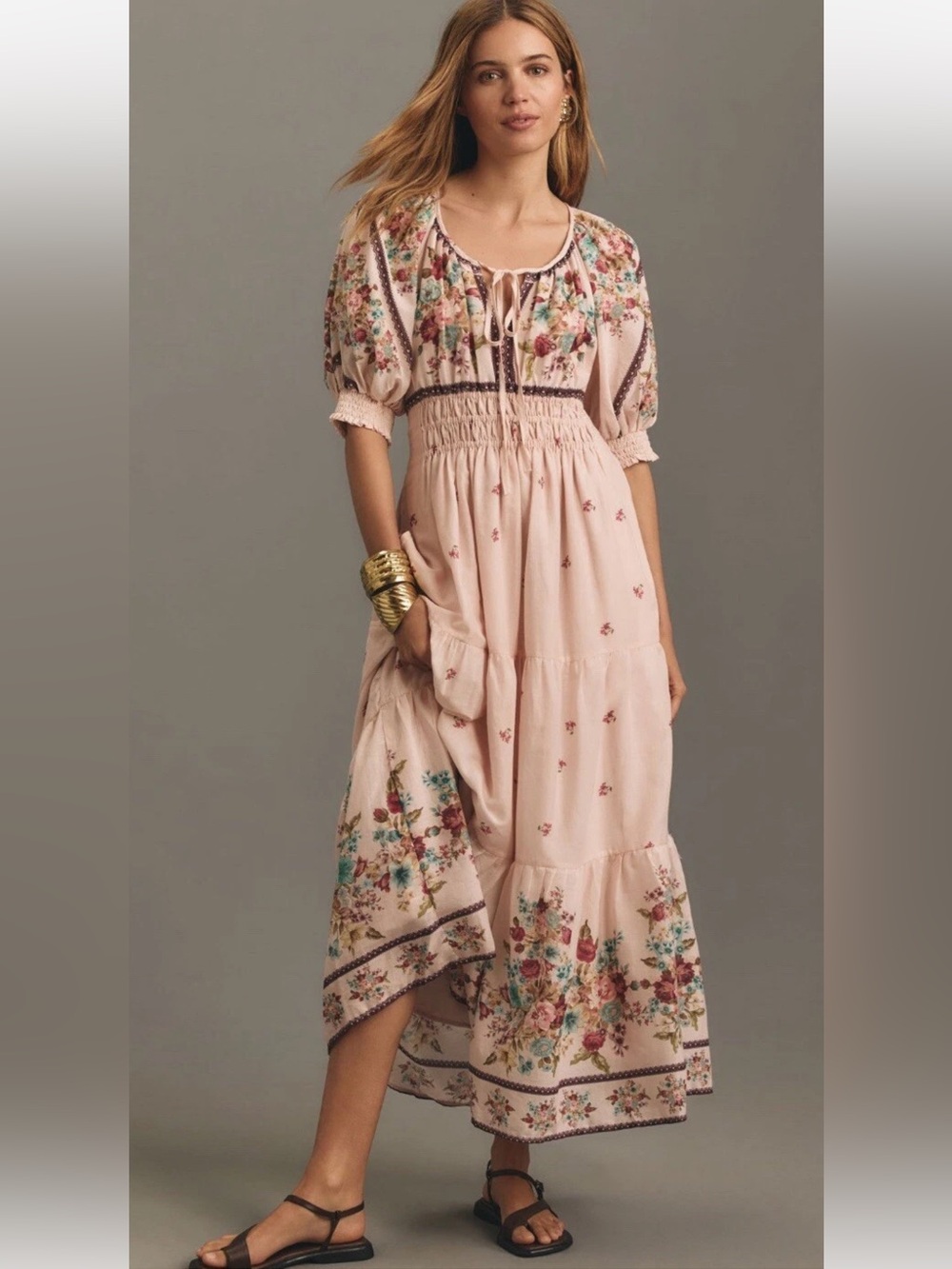 Anthropology Somerset Pink Floral Tiered Puff Sleeved Dress Small